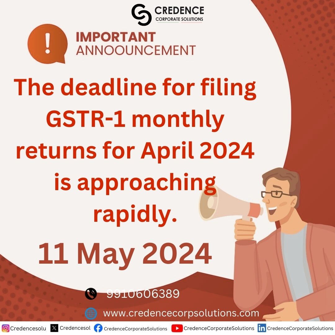 Don't miss the GSTR-1 deadline! Ensure timely submission by marking the last date for filing monthly returns for April 2024. 💼⏰ #GSTR1 #TaxFiling #DeadlineReminder