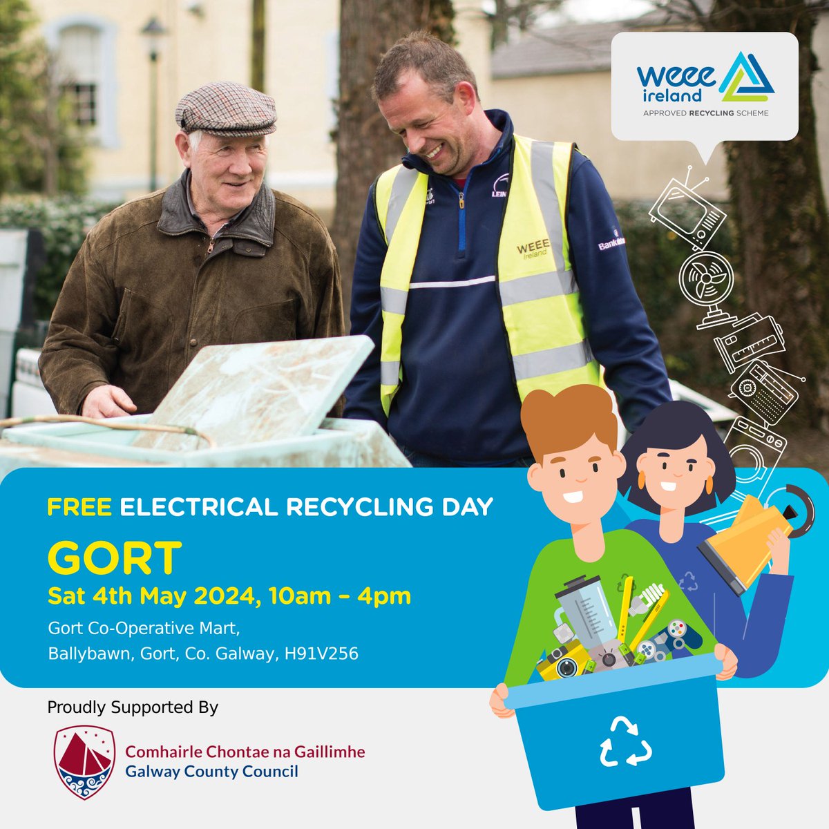 WEEE Collection - Gort
📅 10am - 4pm Saturday 4th May 2024
📍    Gort Co-Operative Mart, Ballybawn, Gort, Co. Galway
#YourCouncil #Galway #Gaillimh
