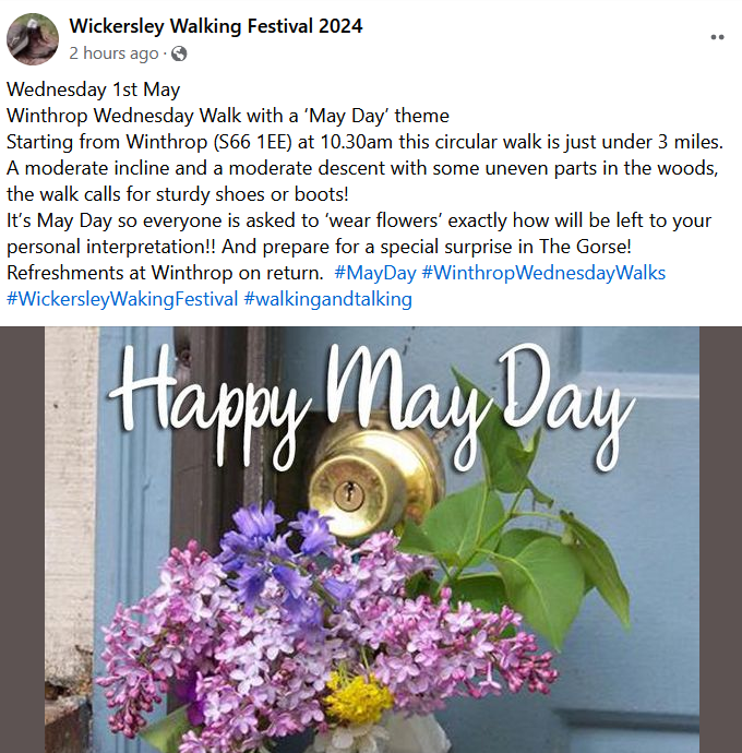 #wednesday #mayday walk with Wickersley Walking Festival 2024

Full details below - meet to start walking at 10.30am

#walkingfestival #walk #familytime #walkforhealth #walkingtogether #winthrop #wickersley