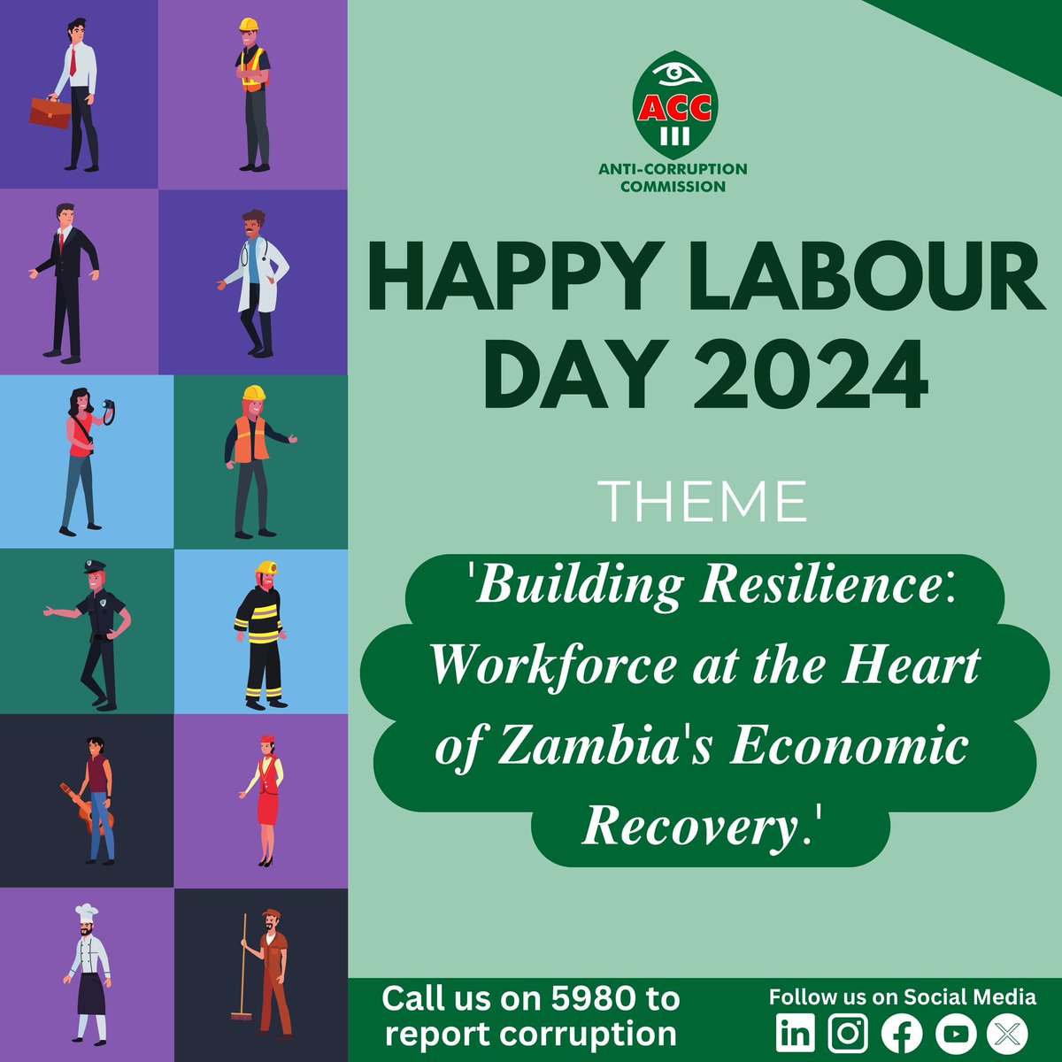 HAPPY LABOUR DAY!!! We salute all hardworking men and women whose dedication to upholding integrity in their work ensures a corruption-free Zambia. #Integrity #LabourDay2024 #SayNoToCorruption #Dial5980ToReportCorruption