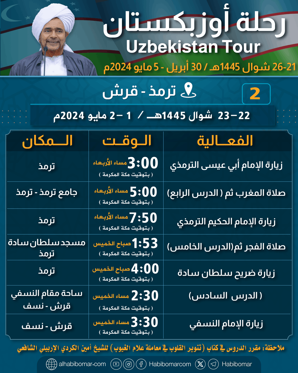 فعاليات الرحلة الدعوية إلى أوزبكستان (2) ترمذ وقرش
 Uzbekistan trip program (1) Termez & Qarshi
22 - 23 شوال 1445هـ 1 و 2 مايو 2024م
22nd - 23rd Shawwal 1445 AH, 1st - 2nd May 2024 AD

ملاحظة: مقرر الدروس العلمية في كتاب (تنوير القلوب في معاملة علام الغيوب) للشيخ محمد أمين الكردي…