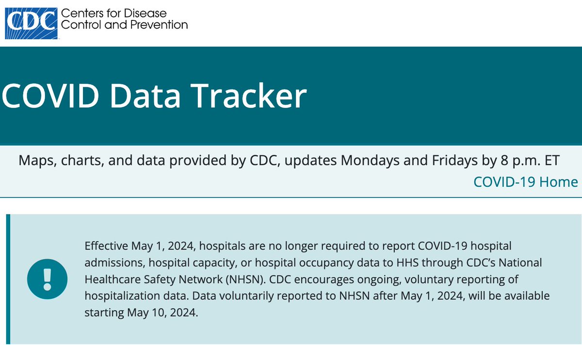 CDCさん御役御免のお知らせ。

2024年5月1日より、病院はCOVID-19の入院、病院の収容人数、病院の稼働率データをCDCの全国医療安全ネットワーク（NHSN）を通じてHHSに報告する必要はなくなった。CDCは入院データの継続的な自発的報告を奨励している