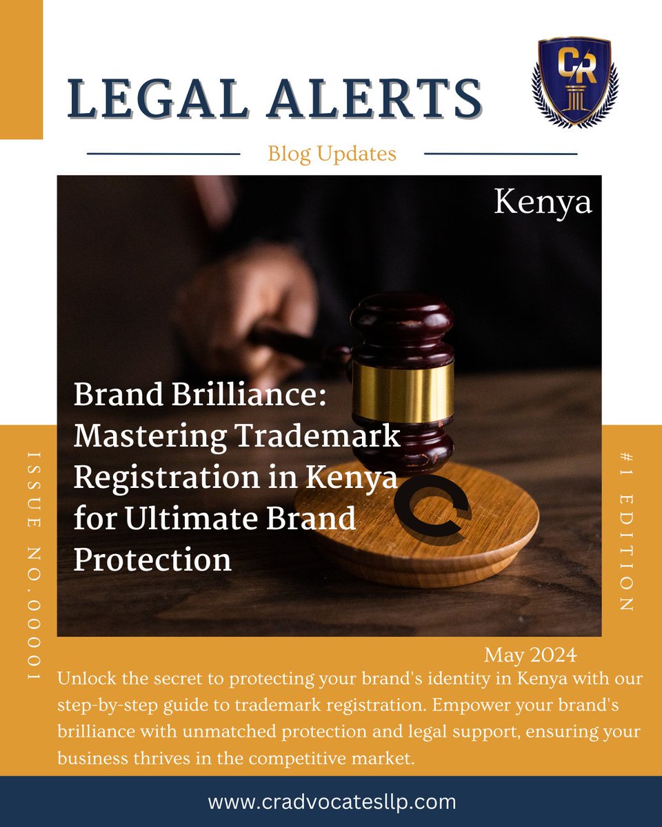 🚨LEGAL ALERTS KENYA🚨

Discover the power of trademark registration. Protect your brand's identity step-by-step, ensuring unparalleled legal support for thriving in the market.

Read more: tinyurl.com/LegalAlertsKen…

#TrademarkRegistration #BrandProtection #CRAdvocatesLLP