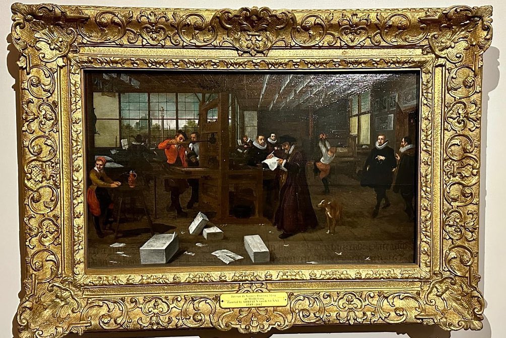 A unique glimpse into the family business of the brothers Jan (left) and Adriaen (right) van de Venne in Middelburg. The brothers are standing beside their printing press. On the right is a press for printing engravings and etchings.