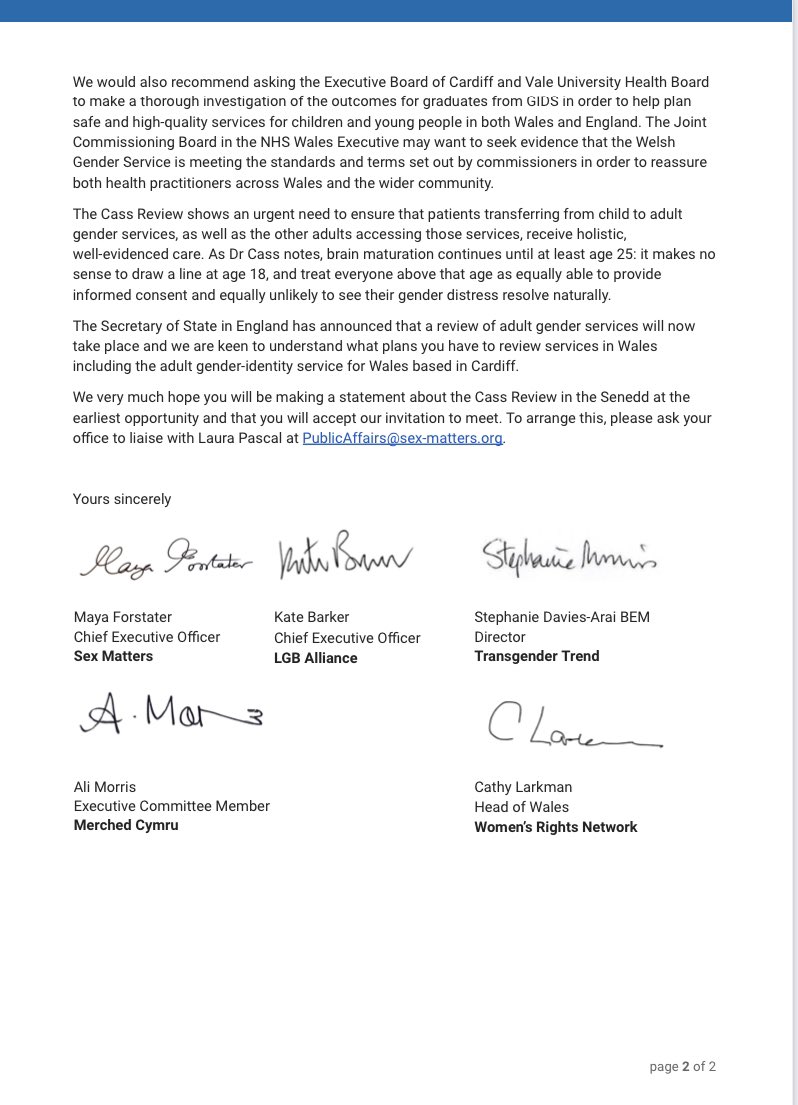 As the #Senedd debates the #CassReport in Wales today, we call upon @WelshGovernment @WGHealthandCare to make an unequivocal statement and to meet with our groups. 

Our letter with @SexMattersOrg, @MerchedCymru and @AllianceLGB and @Transgendertrd 👇

sex-matters.org/posts/updates/…