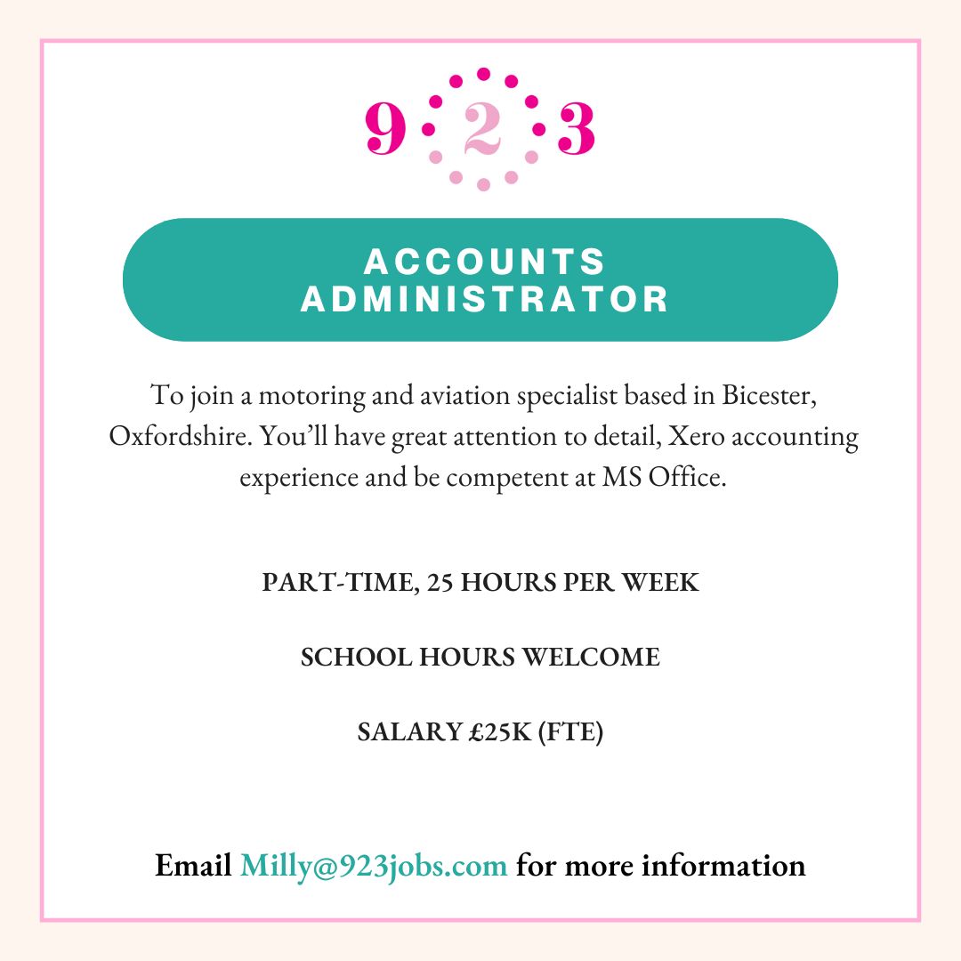 ⭐️JOB SHOUT OUT⭐️

Opportunity to join a motoring & aviation specialist based in Bicester.

🔸Part-time, 25 hrs/wk
🔸School hours welcome
🔸Salary £25k FTE

👉Milly@923jobs.com

#financejobs #parttimejobs #bicesterjobs #oxfordshirejobs #flexiblejobs #schoolhours #workingparents