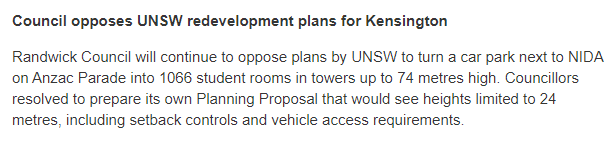 Canberra is reducing student visas, stifling a lucrative export industry, because of a shortage of student housing.
Meanwhile (from the Randwick council minutes): 
randwick.nsw.gov.au/about-us/news/…