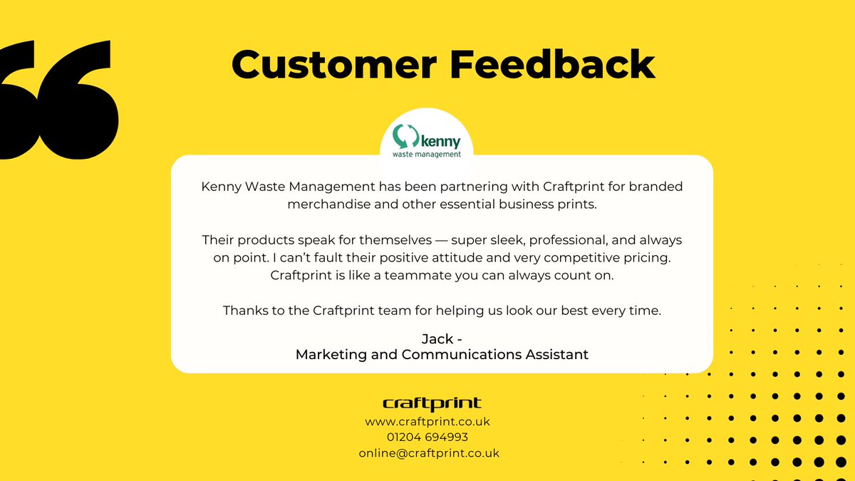 Fantastic review from Jack at <a href="/kennywaste/">Kenny Waste Management</a>👏     

We're always delighted to assist with their custom-branded merchandise and other essential business prints.  

Thank you Jack for leaving such a wonderful review!   

#CustomerReview #CustomerFeedback #Testimonial