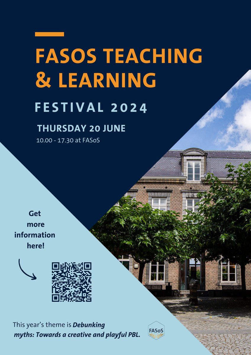 📚🎒🏫 On 20 June the annual FASoS Teaching and Learning Festival will take place. This year's theme is 'Debunking Myths: Towards a Creative and Playful PBL.' To all students and colleagues, register now via the following link: bit.ly/3WkxxZM