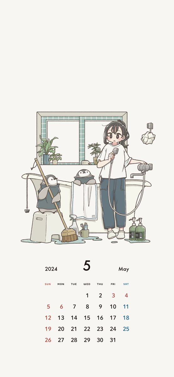 【カレンダー壁紙】
5月のカレンダーです🐧🐧🛁
壁紙に是非ご利用ください〜
moffmachi calendar 2024 May