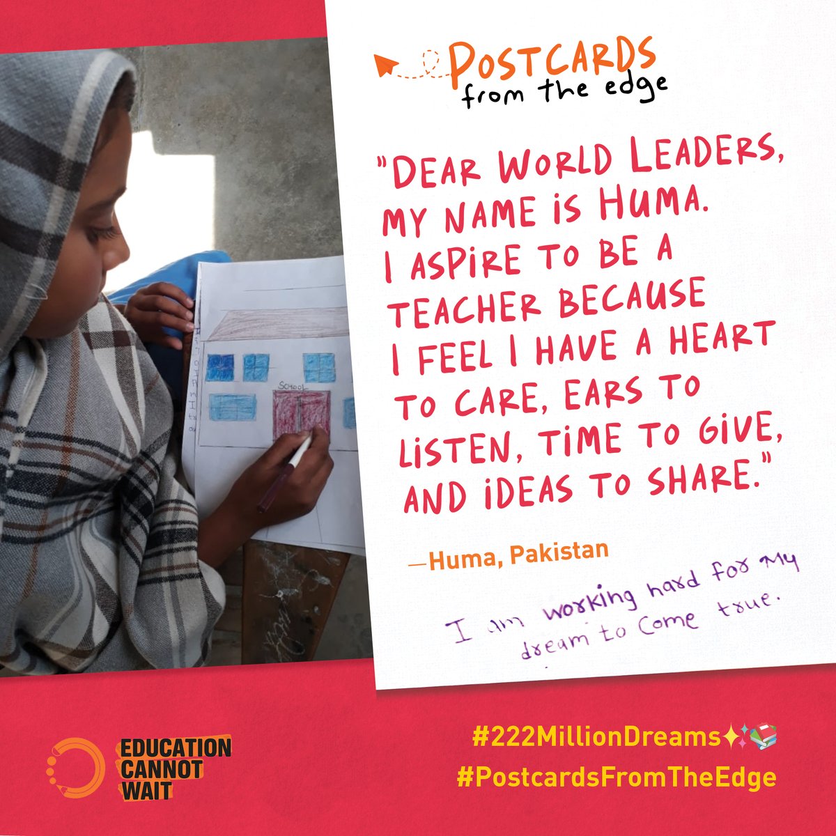 “I aspire to be a #teacher because I feel I have a heart to care, ears to listen, time to give & ideas to share” ~Huma, #Pakistan🇵🇰.

Read her #PostcardsFromTheEdge to hear how @EduCannotWait+@UNICEF_Pakistan is making #222MillionDreams✨📚 come true.

📨bit.ly/3R7l4UE