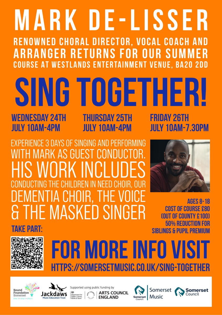 Mark De-Lisser renowned choral director, vocal coach and arranger returns to Somerset for Sing Together! Three days of singing and performing with Mark as guest conductor.

Further information and details on booking somersetmusic.co.uk/sing-together/

#AspireAchieveCelebrate