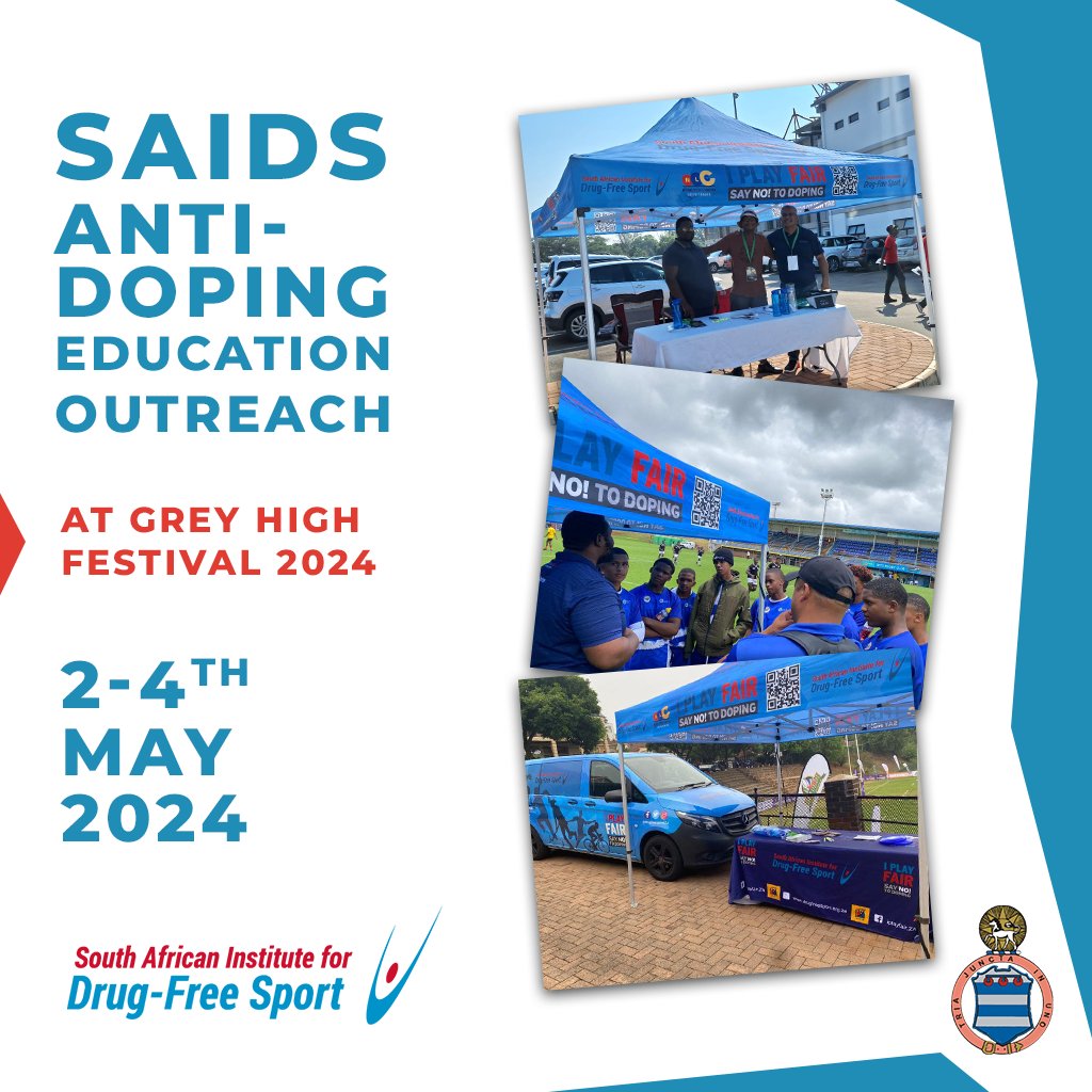SAIDS will have  an #outreach at the Grey High Festival where athletes who visit the #SAIDS stand and name as many Anti-Doping Rule Violations (ADRV’s) to the Educator can win a free goodie. It's a great opportunity to learn more about the #ADRV’s and also get some cool goodies.