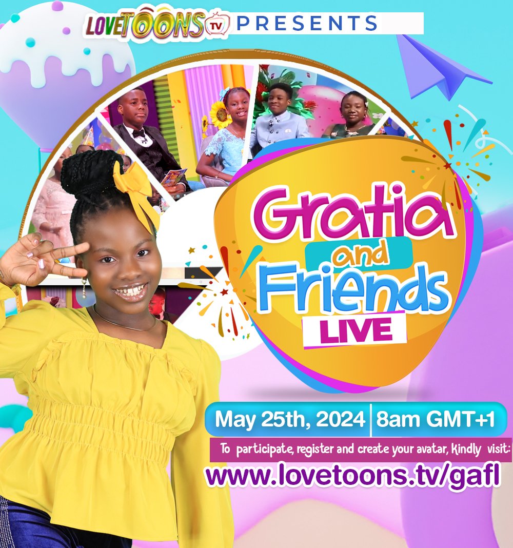 🔊🔊HAPPENING THIS MAY 🔊🔊
GRATIA AND FRIENDS LIVE
🎂🎂🎂🎂🎂🎂🎂🎂🎈🎈🎈🎈🎈🎈🎈🎈🎈🎈🎈🎈

Get ready to be inspired, entertained, and uplifted like never before. 

To register and create your avatar, kindly visit 👇👇👇👇
lovetoons.tv/gafl
#gratiaandfriends
#lovetoonstv