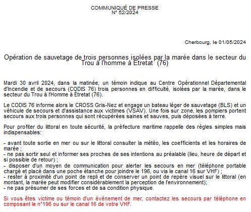 #Opération de sauvetage de 3 personnes isolées par la marée dans le secteur du Trou à l'Homme à Étretat (76). Engagement de @Sdis76 Victimes récupérées saines et sauves. ➡️bit.ly/49Zdsv5