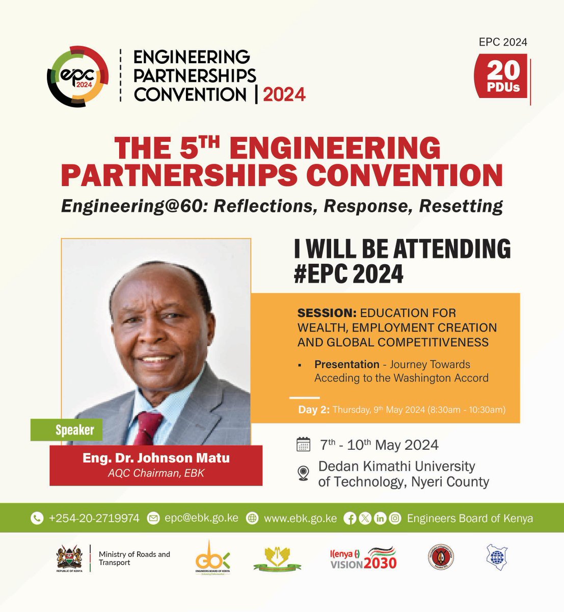 #EPC2024: Join Eng. Dr. Johnson Matu, a Board Member and the Chair of Registration Professional Development and Compliance (RPDC) Committee at the Engineers Board of Kenya as he gives an update on the progress in the journey towards acceding to the Washington Accord. This…