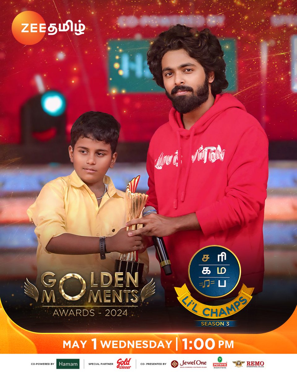 Golden Moments - Saregamapa Li'l Champs Season 3...!!🎉🎊 Golden Moments Awards 2024 Part 1 - May 1 at 1 PM Part 2 - May 5 at 1.30 PM. #GoldenMomentsAwards2024 #Archana #RJVijay #SaregamapaLilChampsSeason3 #ZeeTamil