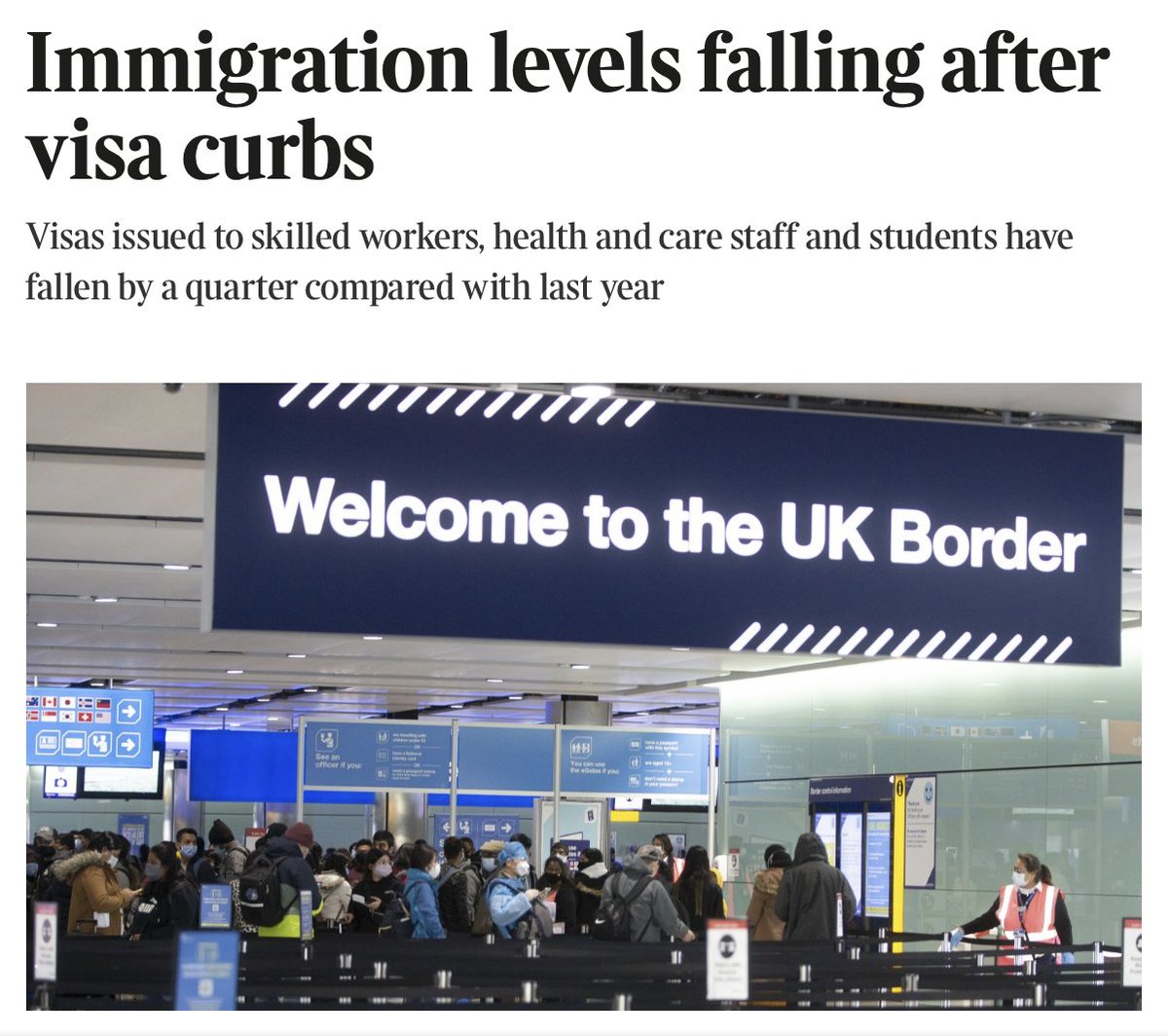 Today's Times. The govt's new visa changes have caused an 83% fall in visas granted to health & care workers. We have: 152k social care vacancies 121k NHS vacancies. This is catastrophic for our NHS & care sectors. The govt is putting anti-immigrant populism above care.
