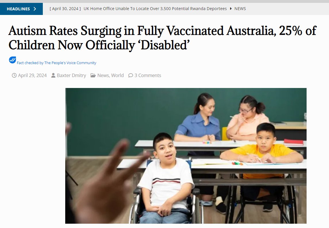 Autism Rates Surging in Fully Vaccinated Australia, 25% of Children Now Officially ‘Disabled’ thepeoplesvoice.tv/autism-rates-s…