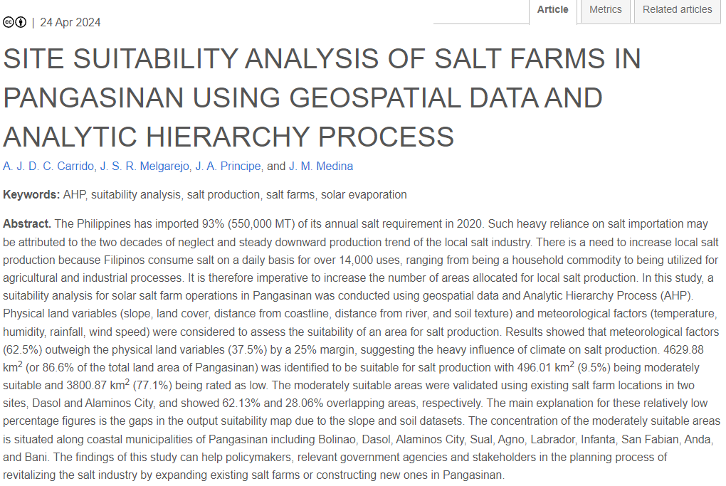 In the previous paper, we mapped priority areas to plant trees in NCR. In this next one, we identified suitable locations to establish salt farms in Pangasinan. 🧵 x.com/jommermedina/s…