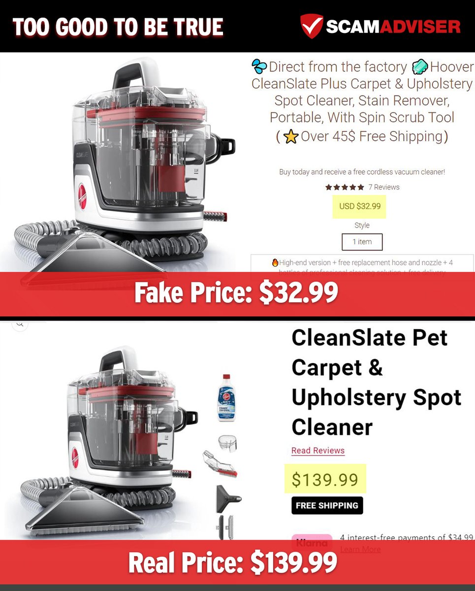 ** TOO GOOD TO BE TRUE ** This Hoover CleanSlate carpet cleaner being offered for $32.99 actually costs $139.99, suggesting that it may be a bait-and-switch scam. #fraud #scam #shopping #lhoover #carpet #upholstery