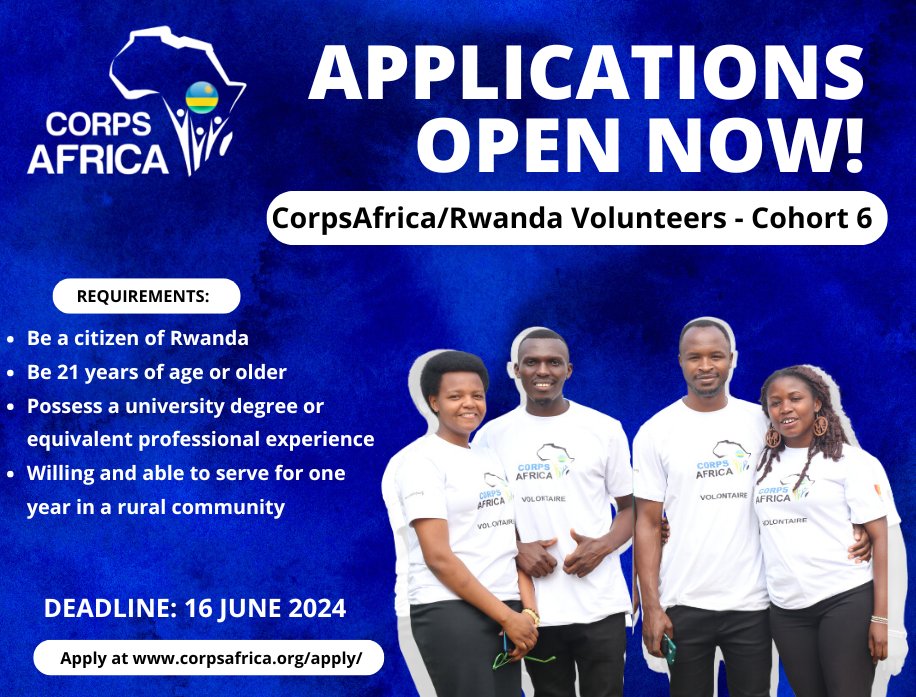 Are you ready to be a catalyst for change? Become a CorpsAfrica/Rwanda Volunteer and leave a lasting impact in underserved communities! Join us and be the difference-maker the world needs. Apply now 👉bit.ly/3y08JvM.

#ThisIsCorpsAfrica
#TwitangireURwandaTutiganda