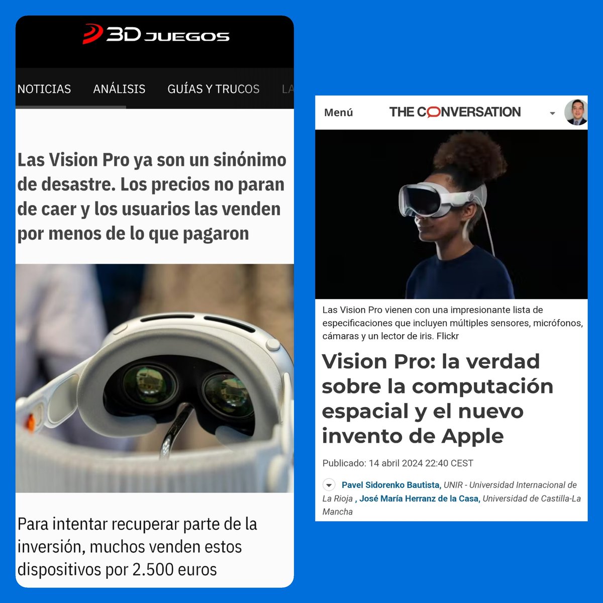 .@jmherranz y un servidor abordamos en @Conversation_E el hype de marketing de @Apple con respecto a las #VisionPro, al tiempo que precisamos algunos conceptos, porque a pocas semanas que se presenten en Europa, no parecieran estar pasando por un buen momento…