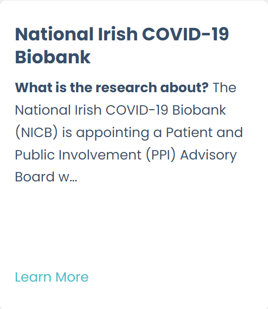 A new PPI Opportunity! The National Irish COVID-19 Biobank is recruiting members for a PPI Advisory Board. The NICB is a research initiative to create a single large biobank to help research on COVID-19 in Ireland and overseas. Get involved! tinyurl.com/yjtmxxab
