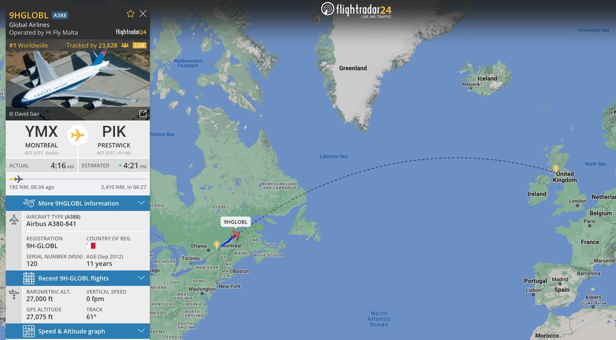 UK startup @globalairlines' first Airbus A380 is on its way to Europe. 🌍 Follow 9H-GLOBL from Montreal (YMX) to Prestwick (PIK) here: fr24.com/9HGLOBL/3502a5…