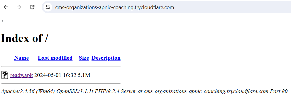 #Android #Trojan #Malware
@malwrhunterteam @cryptax
@Cyber_O51NT @bl4ckh0l3z
@JAMESWT_MHT @500mk500
#Spynote
ready.apk
From http://cms-organizations-apnic-coaching.trycloudflare[.]com/ready.apk
C2: http://safetheworld.duckdns[.]org:7771
Md5: b65a8510efca213ac77a6cc70f998315