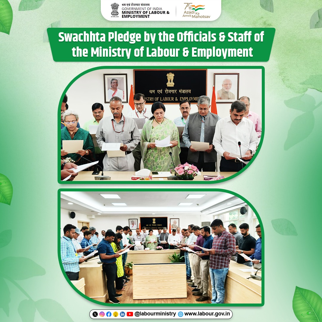 Ministry of Labour and Employment began its Swachhta Pakhwada today with Secretary, MoLE, Ms. Sumita Dawra, administering Swachhata plegde to the officials of the Ministry.

#LabourMinistryIndia 
#SBM #SwachhSurvekshan 
#LabourDay(1/2)