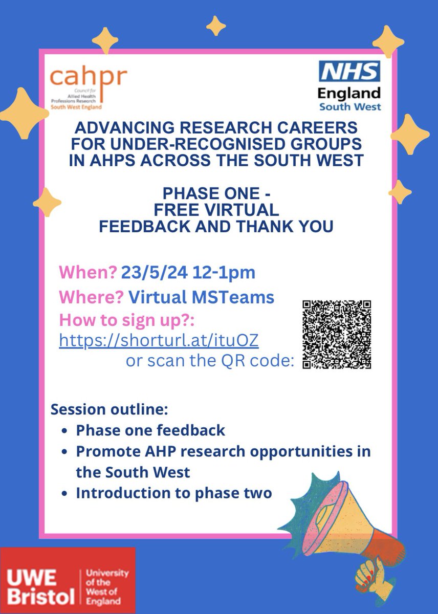 📣 All AHPs and AHP support workers 📣 Hear your voices in @CAHPRsouthwest ‘Advancing Research Careers for Under-recognised AHPs across the South West’ feedback event 🙌🏼 shorturl.at/ituOZ Inc’ Phase 2 intro’ & lightning talks for AHP research opportunities & resources 🤩