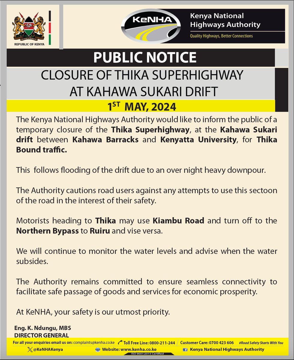 Closure of Thika Superhighway at Kahawa Sukari Drift