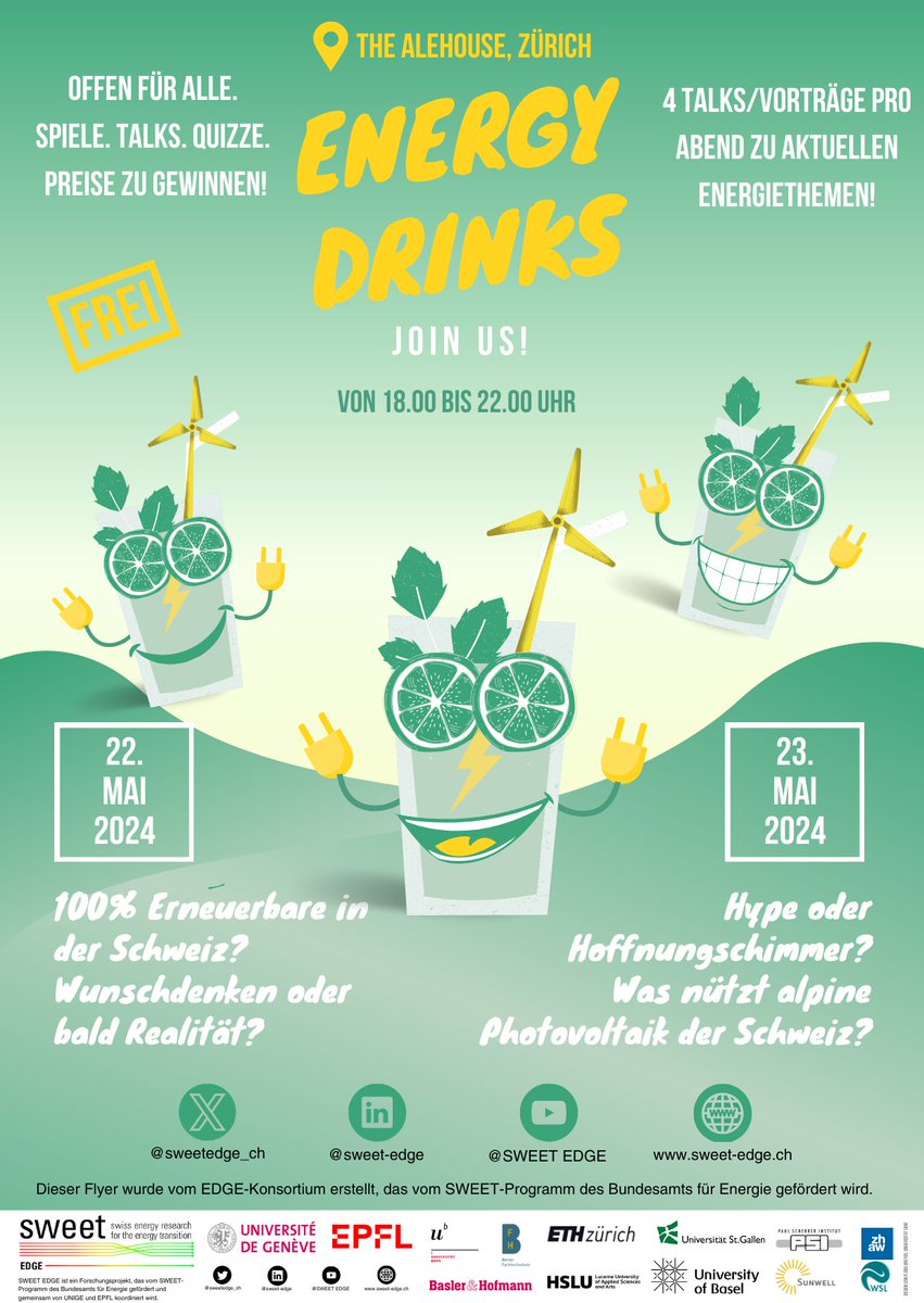 Join our 2nd #EnergyDrinks event in Zurich! Open to all. Games. Prices to win! 🎉 👀 What? 4 presentations per night on hot #energy topics for #Switzerland 🕕 When? 22 & 23 May 2024 🍻 Where? 'The Alehouse', Zurich 🇩🇪 Language? German 👋 No registration. Free! Join and share! ➡