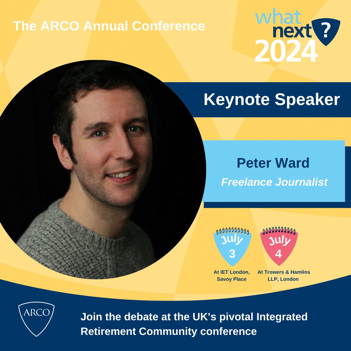 We are delighted to announce our Keynote Speaker for the What Next? 2024 ARCO Annual Conference, Freelance Journalist, @PeterWardJourno. Peter will be speaking on 3 July about ageing and his research into the quest for immortality. You can get your tickets at…