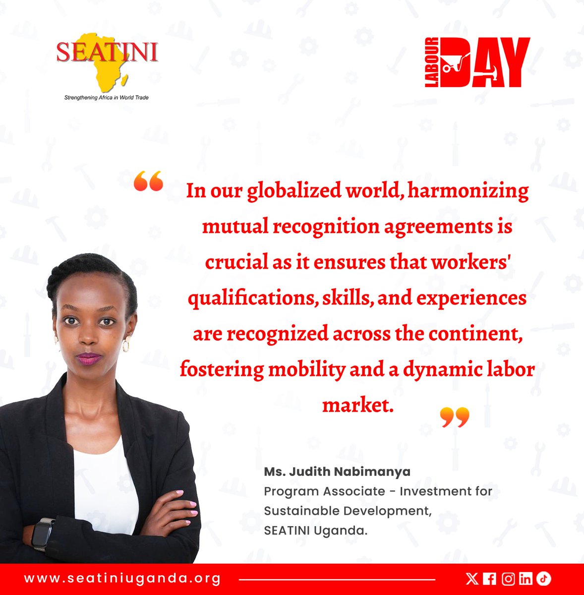 #LaborDay2024 Ms. Judith Nabimanya, Program Associate, Investment for Sustainable Development, SEATINI Uganda: In our globalized world, harmonizing mutual recognition agreements is crucial as it ensures that workers' qualifications, skills and experiences are recognized...