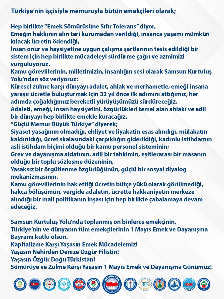 📌Emeğin ve Emekçinin Gür Sesi Samsun’dan Yükseldi. Memur-Sen teşkilatı 1 Mayıs Emek ve Dayanışma Günü’nde Samsun’da buluştu. “Emek, Vicdan, Adalet” temasıyla gerçekleştirilen mitingde Samsun Kurtuluş Yolu’nu dolduran binlerce emekçi hep bir ağızdan talep ve beklentilerini…