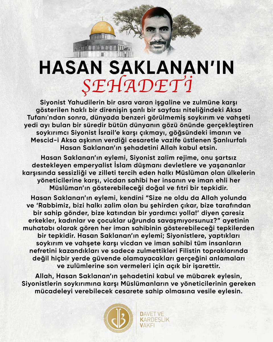 #HasanSaklanan 
#Hasan_Saklanan 
#Allahuakbar 
Kardeşimizin şehadeti mübarek olsun. 
Filistin ve Kudüs davası ümmetin ortak davasıdır.
İspatı Hasan el-Benna'dır, Urfalı Hasan'dır.