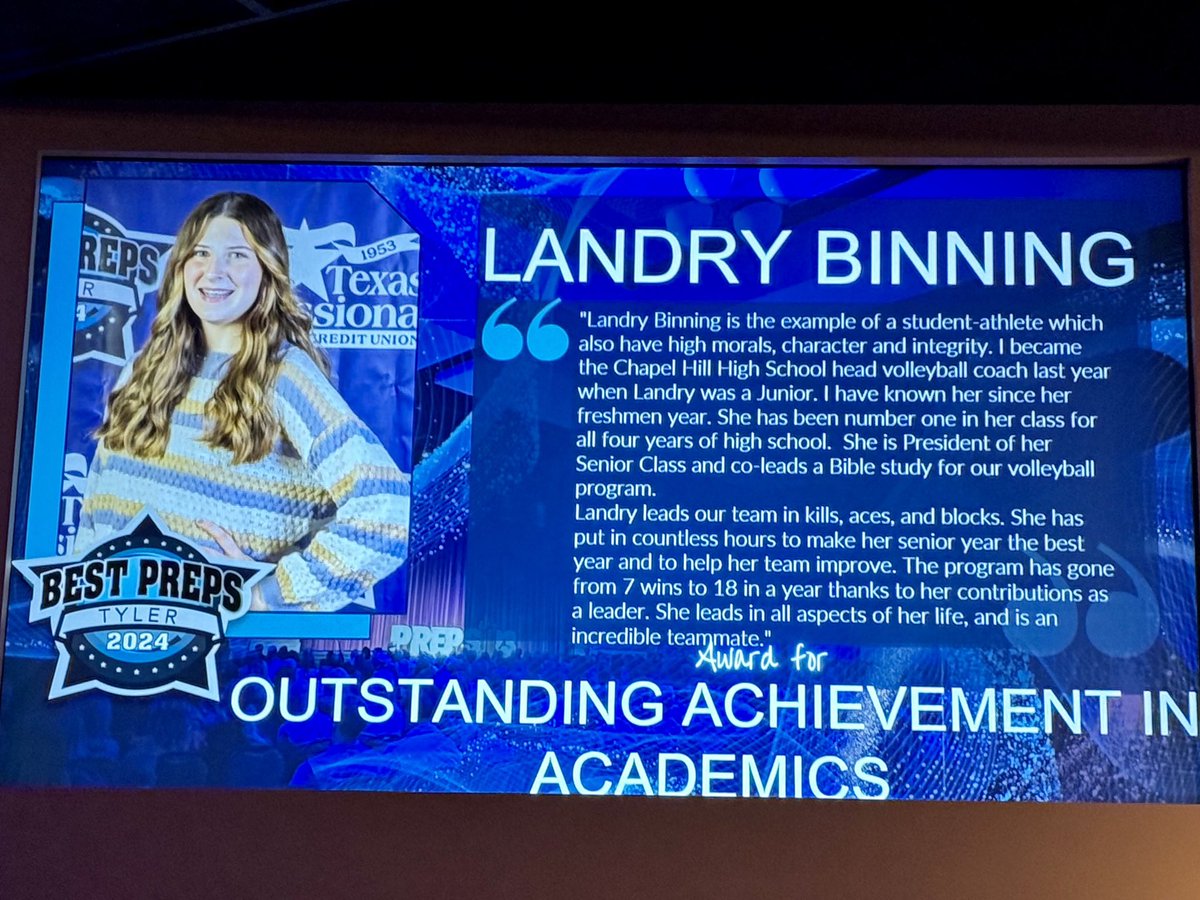 Proud is an understatement!

So glad Landry was recognized this evening with the Tyler Best Preps Outstanding Academic Achievement award. She has incredible character &amp; few know or would understand the work she has put into her grades. She is incredibly deserving! 
💙🏐💙