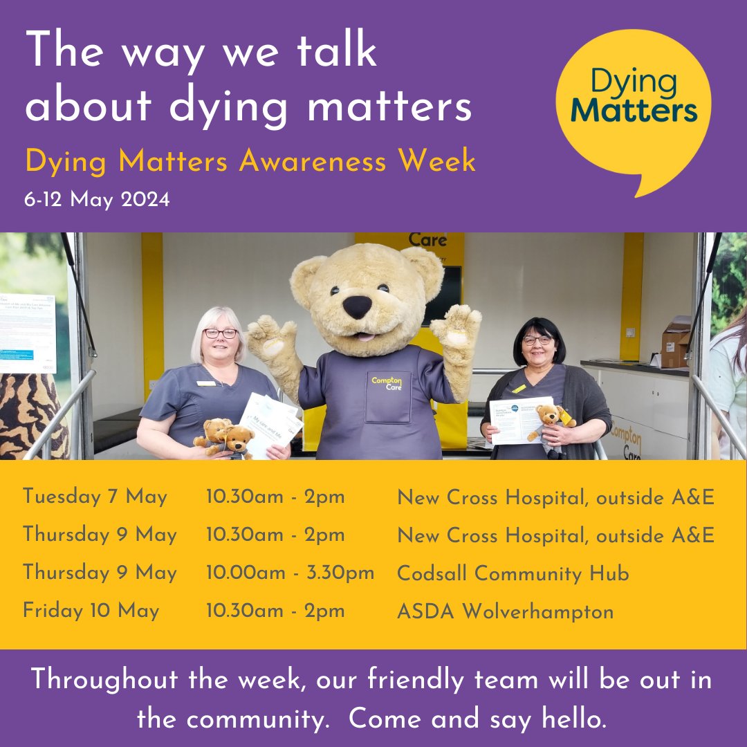 It’s Dying Matters Awareness Week next week - a national campaign to open up conversations around death and dying Throughout the week, our colleagues will be at various locations offering expert advice on starting those conversations comptoncare.org.uk/about-us/dying… #DMAW24 @DyingMatters