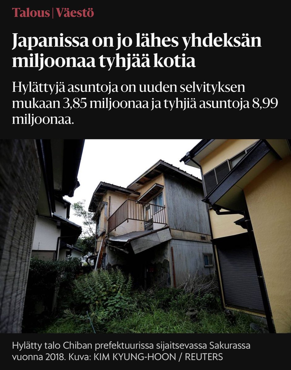 Tulevaisuutta myös Suomessa? HS:n mukaan Japaniin on jopa perustettu kiinteistönvälitysyhtiöitä, jotka markkinoivat hylättyjä asuntoja ja tyhjiä kiinteistöjä esimerkiksi australialaisille ja yhdysvaltalaisille ostajille #talous #asuntomarkkinat