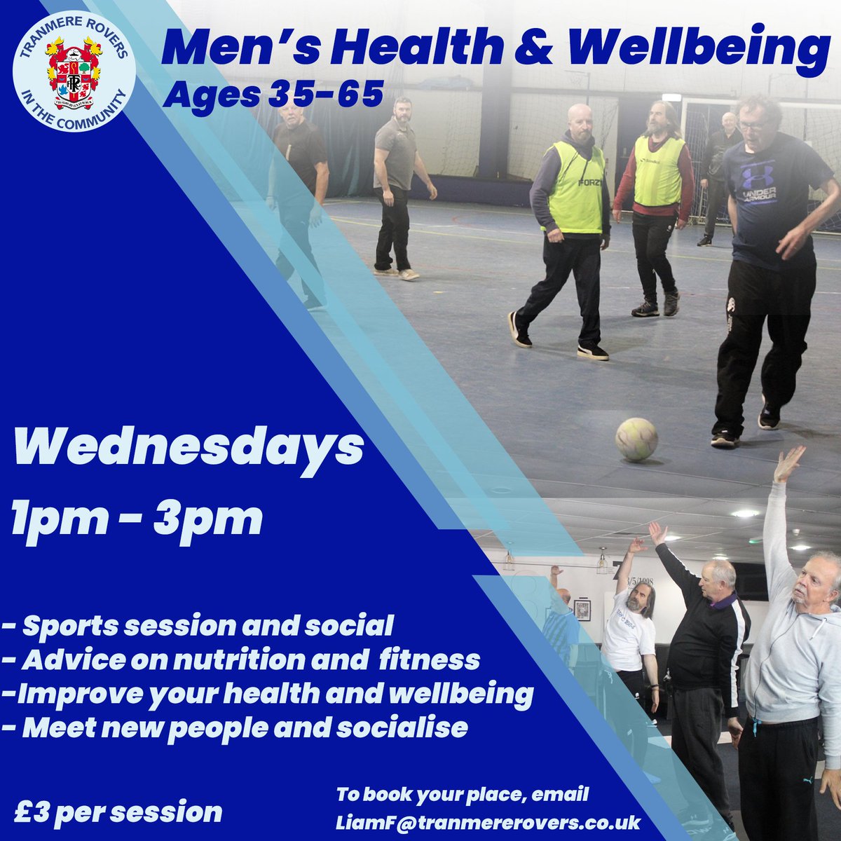 💪 Why not come along to our Men's Health & Wellbeing session for 35-65-year-olds every Wednesday from 1pm-3pm? You can get nutrition advice, a sports session and social and improve your health and wellbeing for just £3 per session. 📧 LiamF@tranmererovers.co.uk #TRFC #SWA