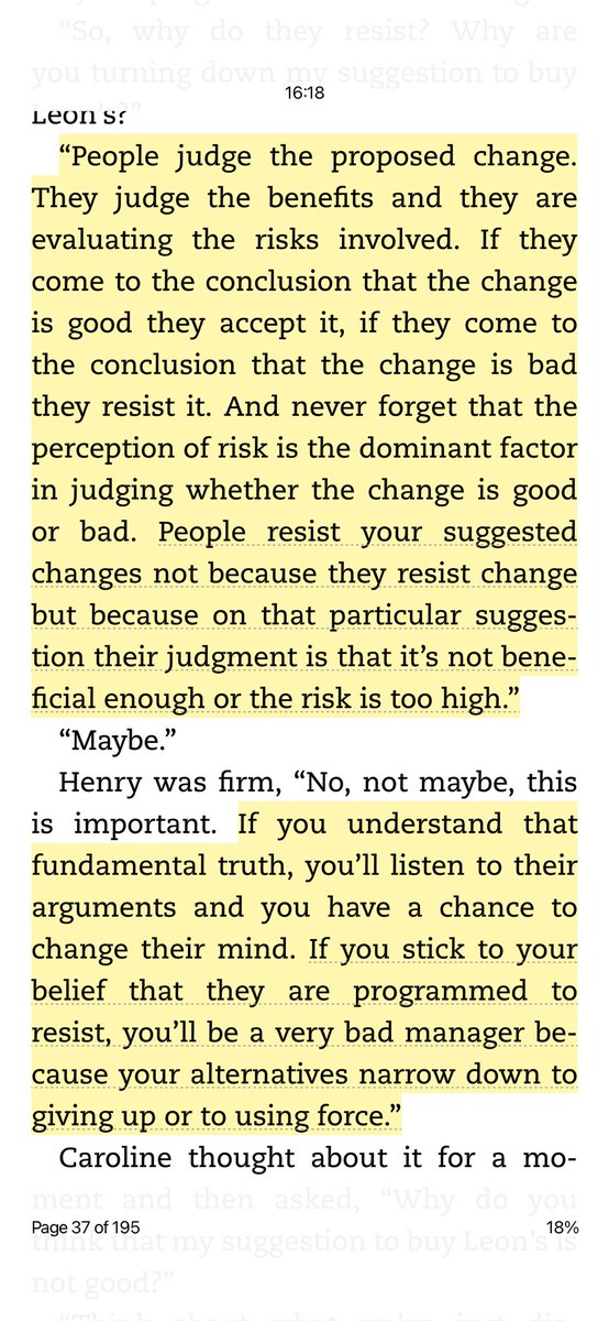 One of the biggest lessons I took from Eli Goldratt was that people are NOT resistant to change, contrary to popular belief.

People are resistant to change they don’t *perceive* as beneficial to them.

Big difference.