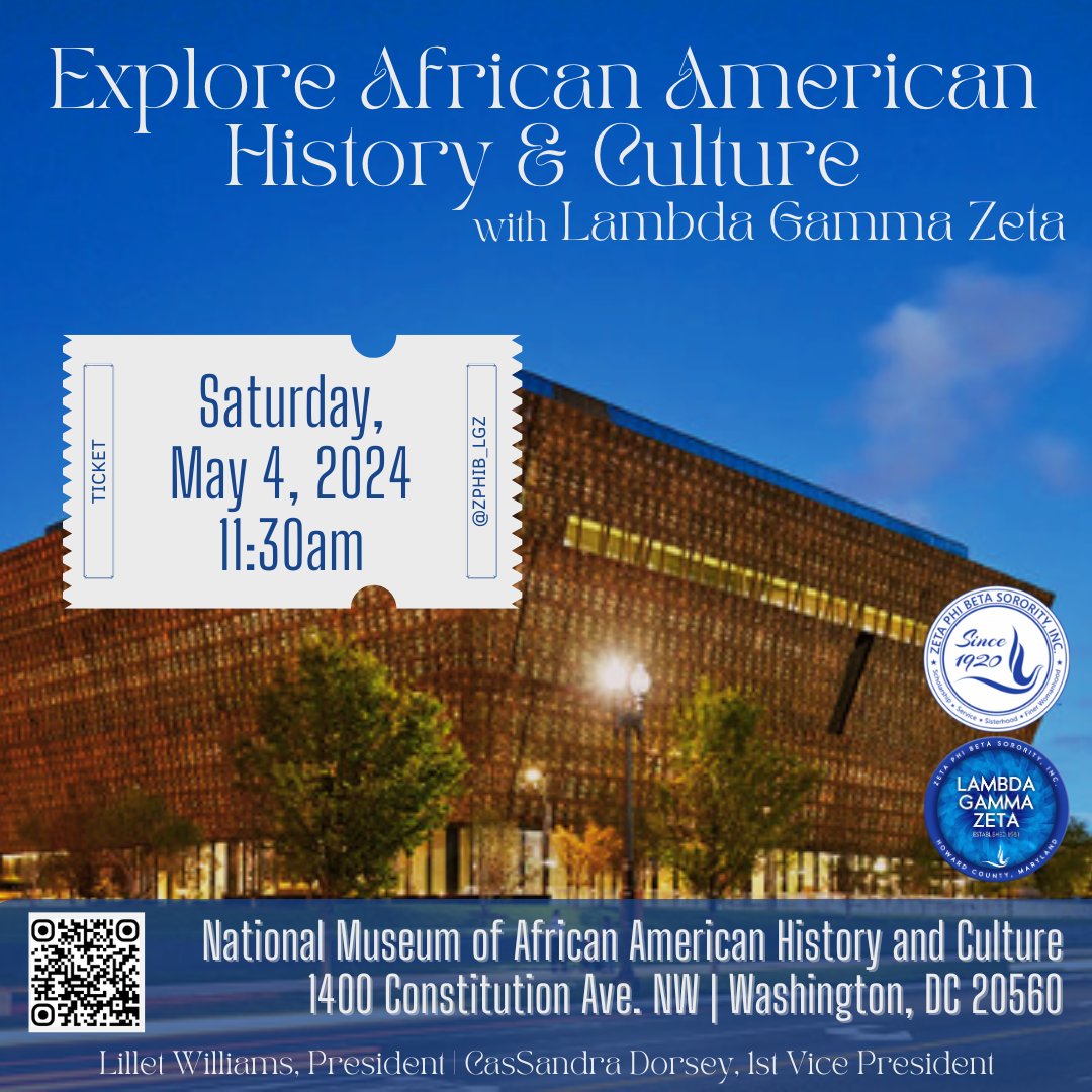 Join the ladies of #LGZHoCo as we explore African American History and Culture and the #NMAAHC! Use this link below to let us know you'll be joining us: 

docs.google.com/forms/d/1HJ91b…

#LGZHoCo #SisterlySocial #NMAAHC #ZPhiBMD #MarylandZetas