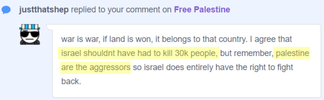 Some crazy mental gymnastics here to say 'israel killed 30,000 people' and 'palestine are the aggressors' in the same fucking sentence.