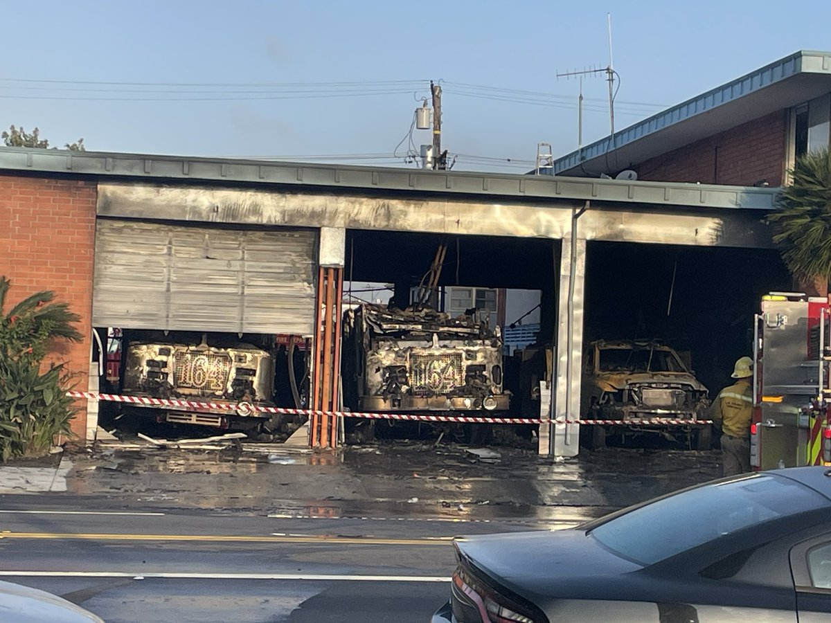 FIRE STATION FIRE: Station 164 in Huntington Park caught fire around 4 a.m. Cause under investigation, but @LACOFD says it might have started with an engine. 9 firefighters were inside, none injured. The second-alarm fire was knocked down a little after an hour.