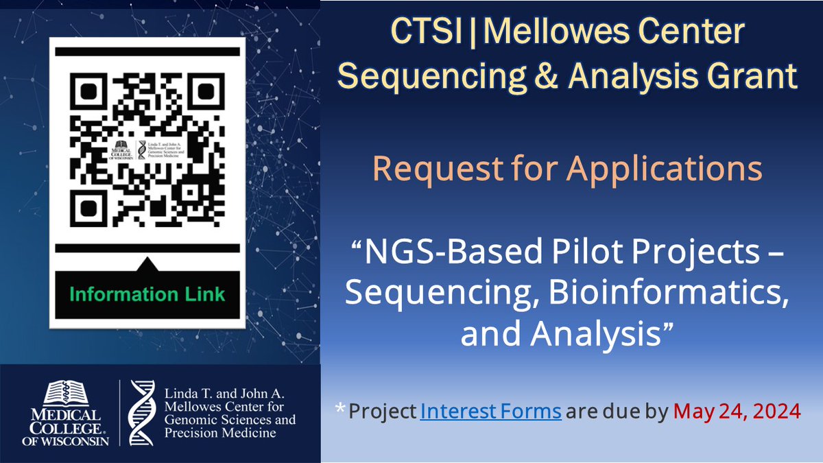 Dive into #Genomics & #PrecisionMedicine with @CTSIWI & @mellowescenter! 🧬 Proposals open for NGS-Based Pilot Projects, funding up to $25,000 per project. Unleash 'Omics data in healthcare! #Bioinformatics @MedicalCollege @MCW_Research @precision_ru