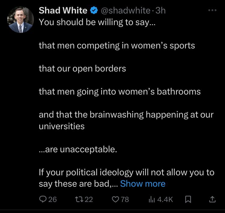 In this house I am willing to say that men are not competing in women’s sports that we do not have open borders that some men are gross and trans women are just going potty and minding their own business that brainwashing is not happening in our universities