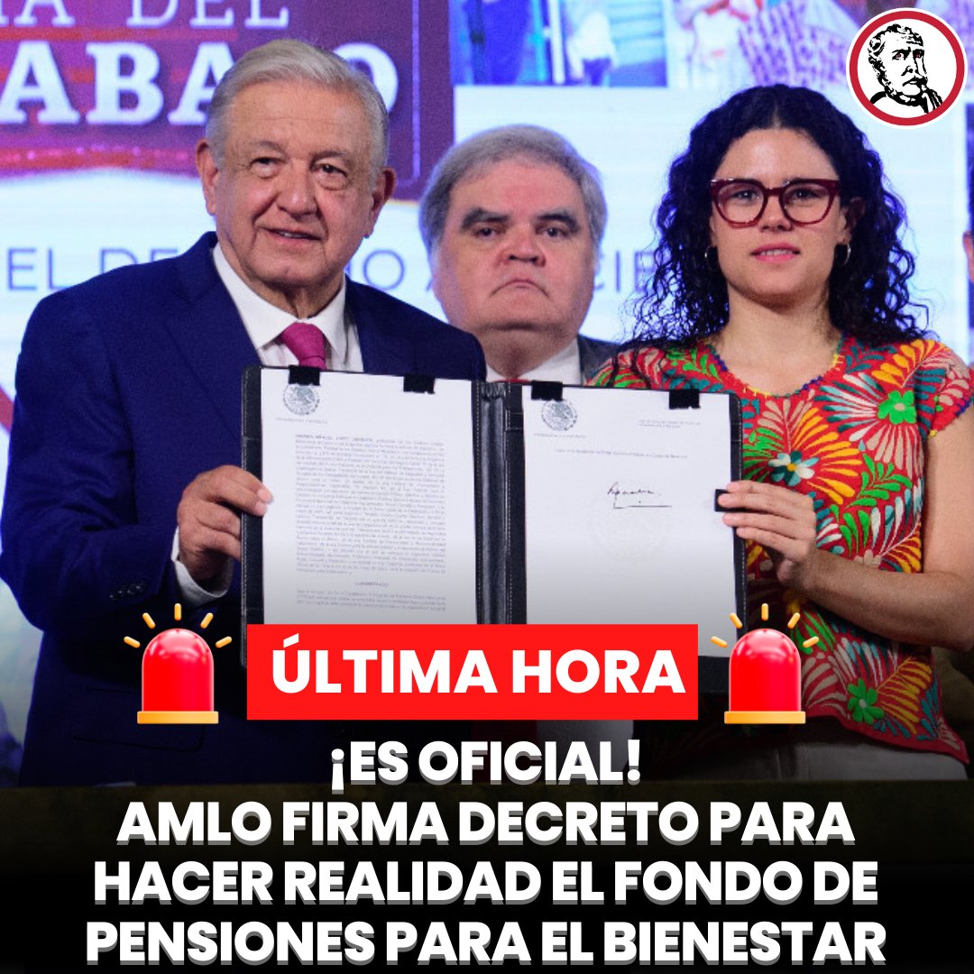 🚨#ÚLTIMAHORA ¡Es oficial! El Presidente @lopezobrador_ firma el decreto para hacer realidad el Fondo de Pensiones para el Bienestar y las y los trabajadores se jubilen con el 100% de su salario, hasta los 17 mil pesos mensuales. 

El decreto firmado por el mandatario establece…