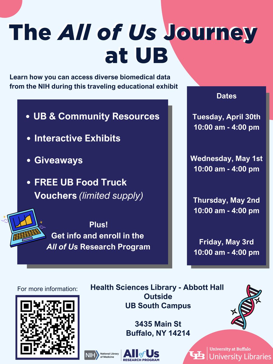 The All of Us Journey, a traveling educational exhibit, is stopping at UB's South Campus this week! Taking place April 30 to May 3, 10 am to 4 pm, right beside the Abbott Library. For more info: bit.ly/3UkOSil #UBuffalo #UBintheCommunity #BuffaloNY